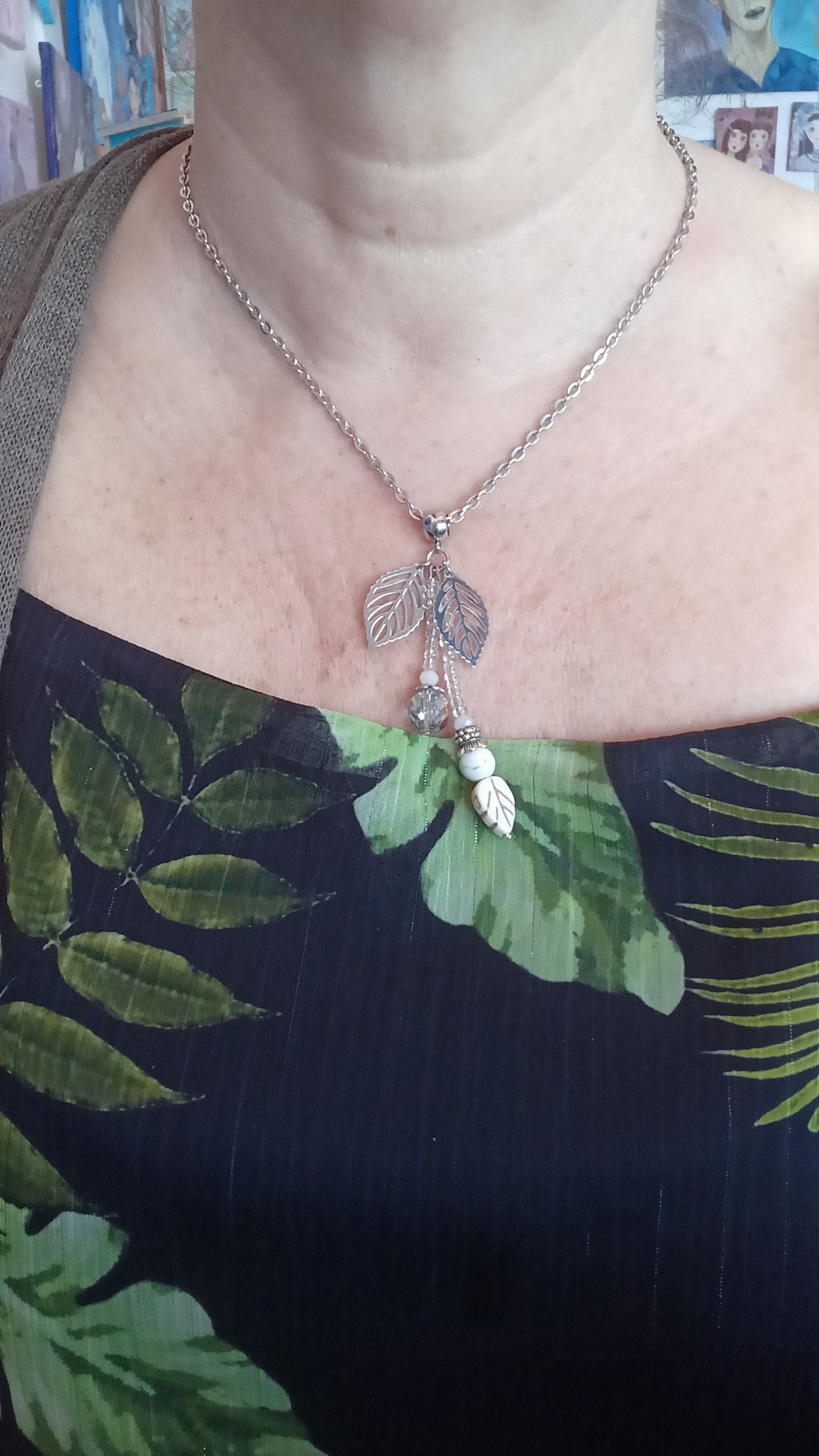 Collier feuilles et cristal