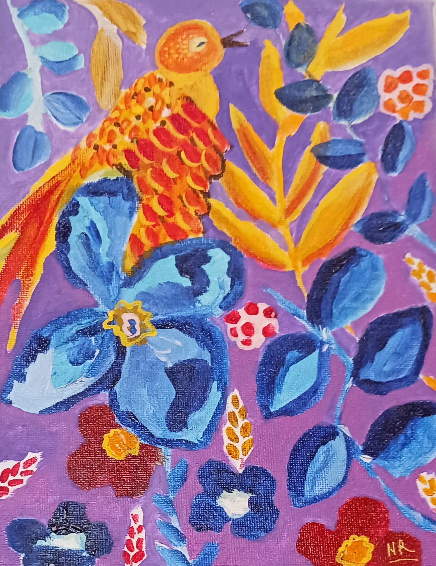 Carton toilé Petit oiseau et fleurs
