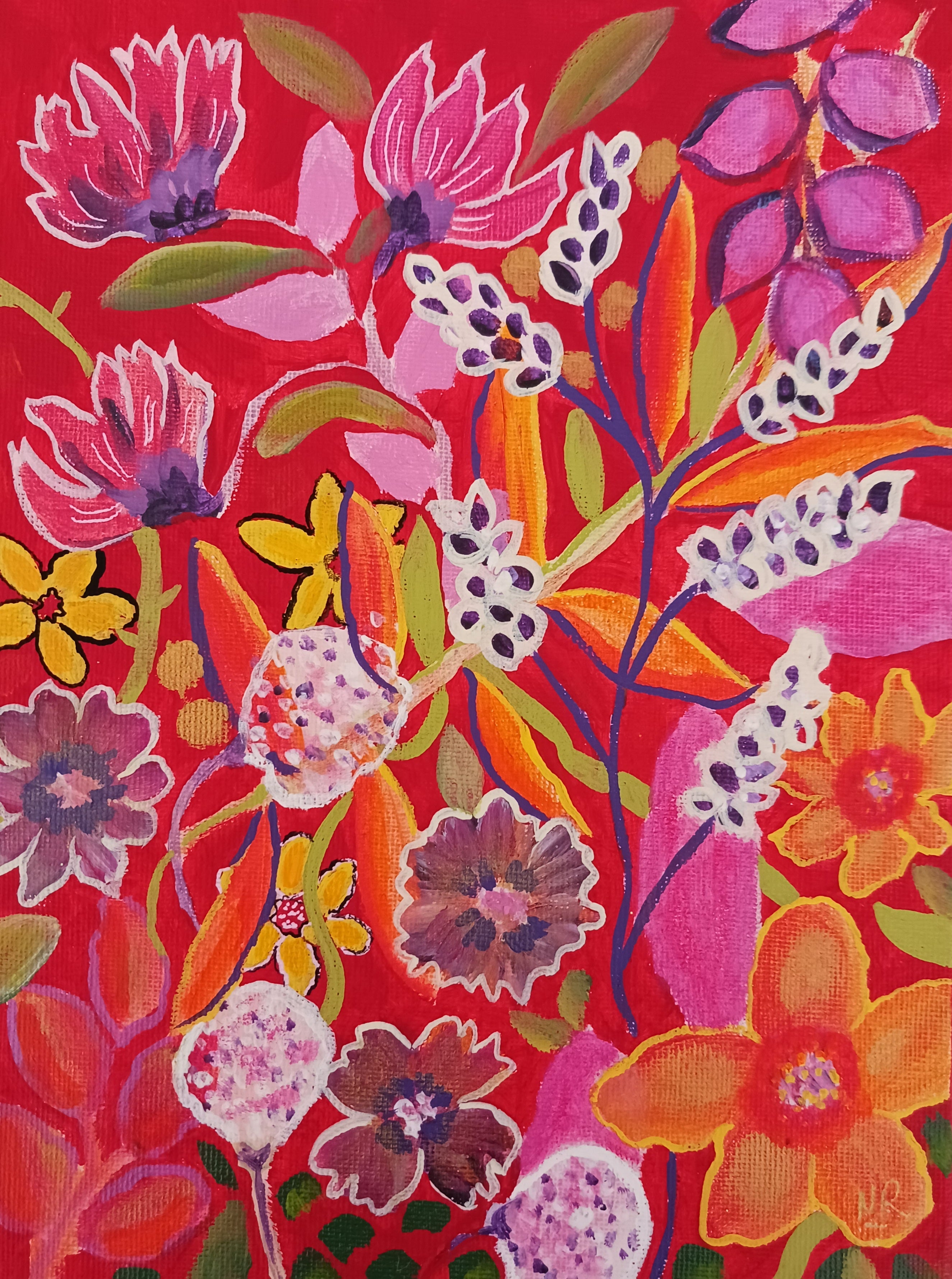 Carton toilé "Rouge et jolies fleurs"