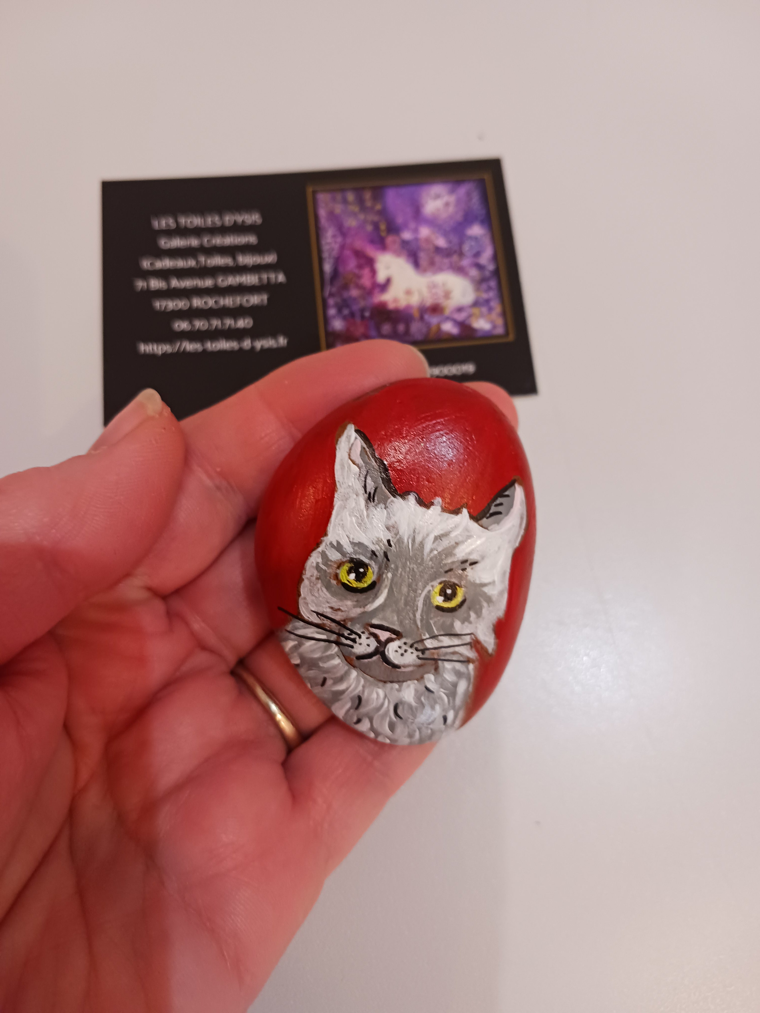 Galet Chat sur fond Rouge