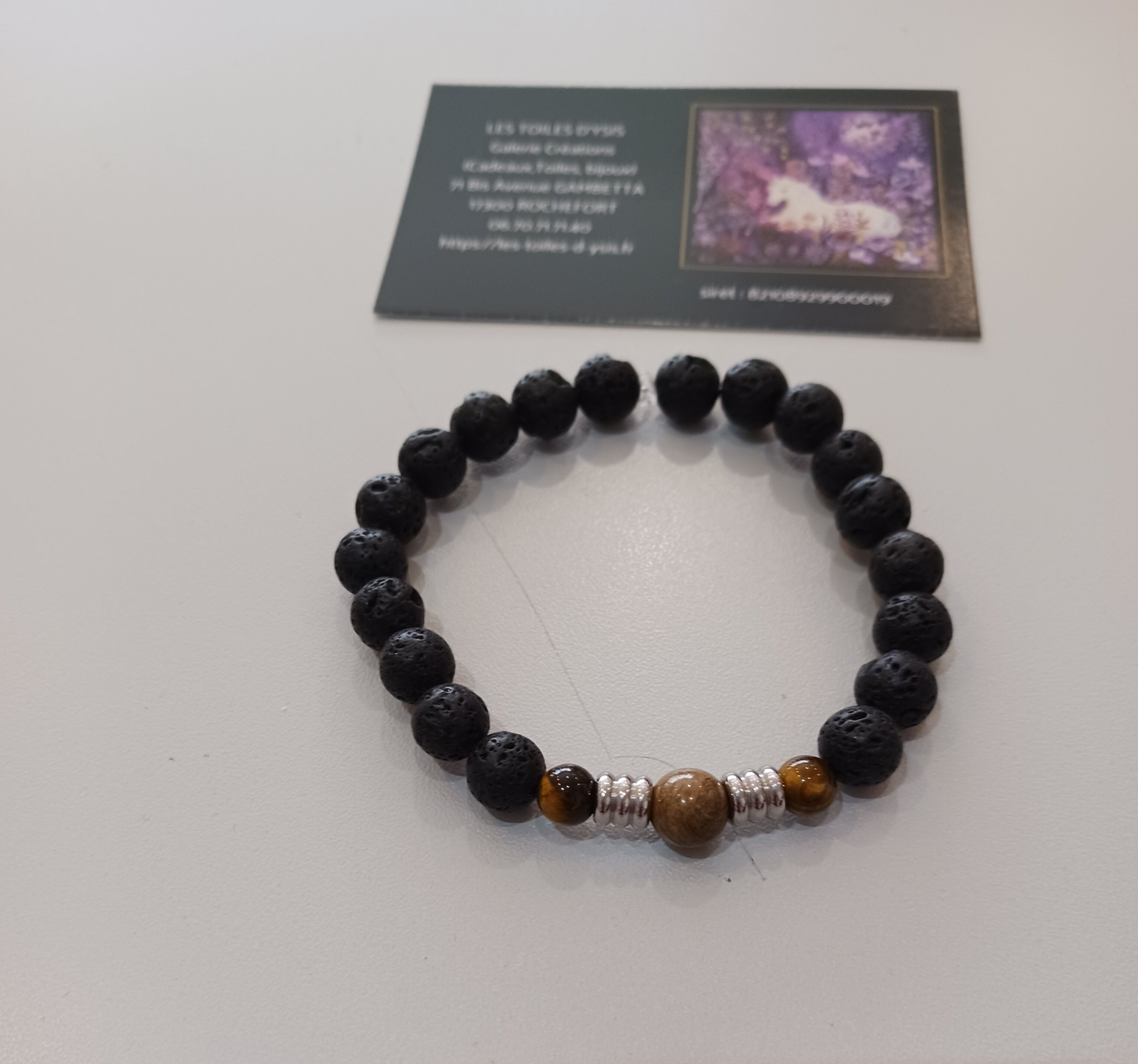 Bracelet homme oeil de tigre et jaspe feuille d'argent