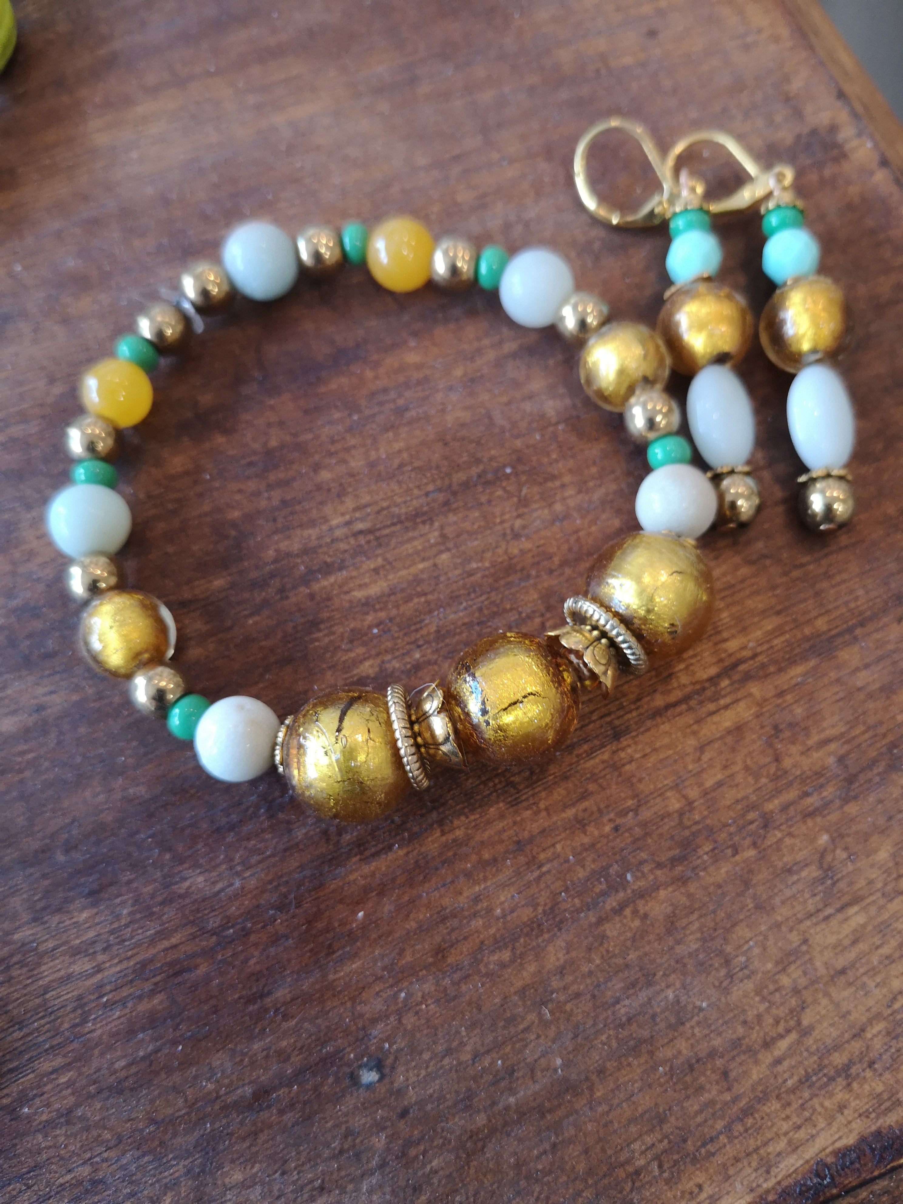 Duo de Charme Agates amazonites feuilles d'or