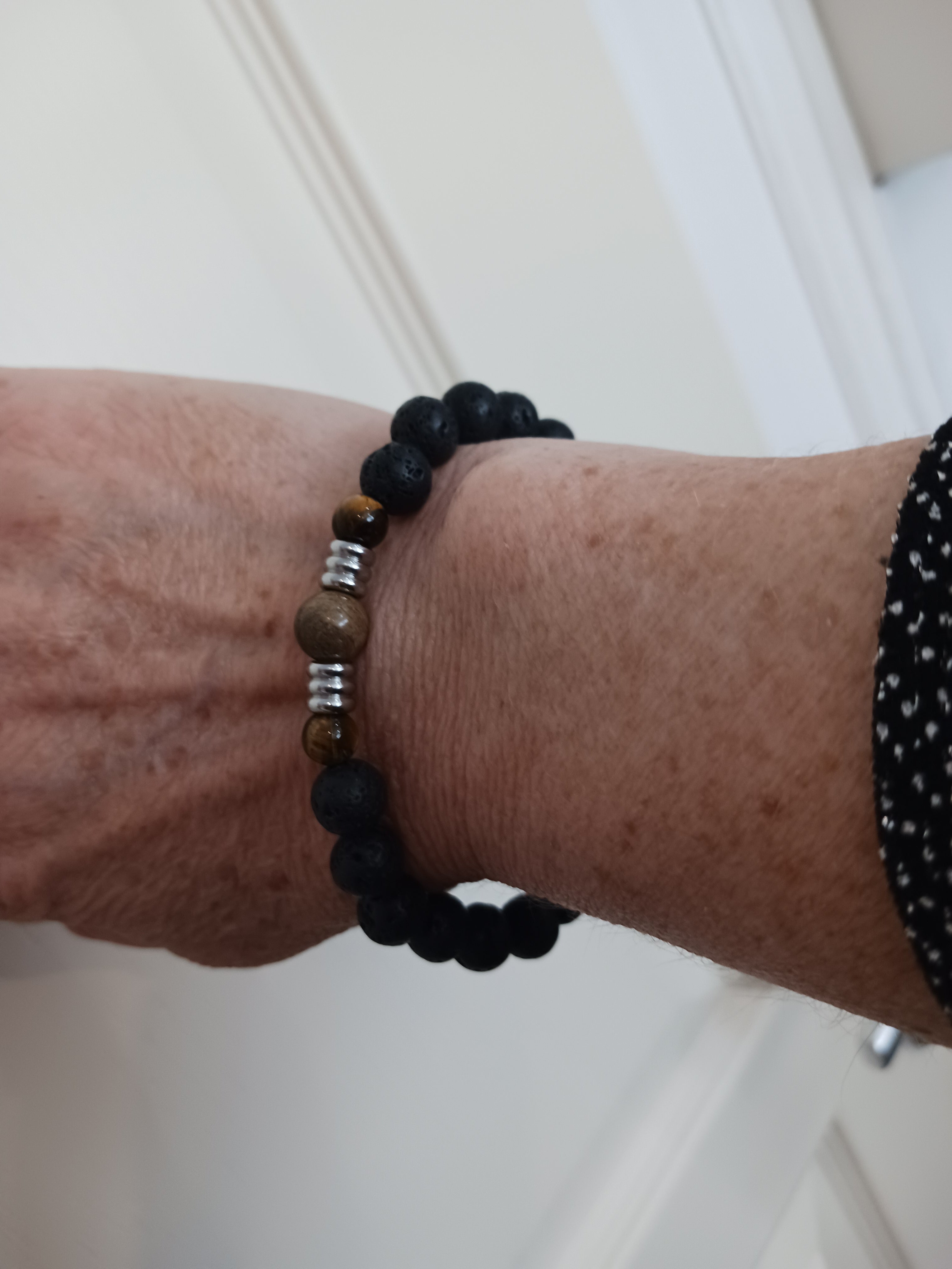 Bracelet homme oeil de tigre et jaspe feuille d'argent