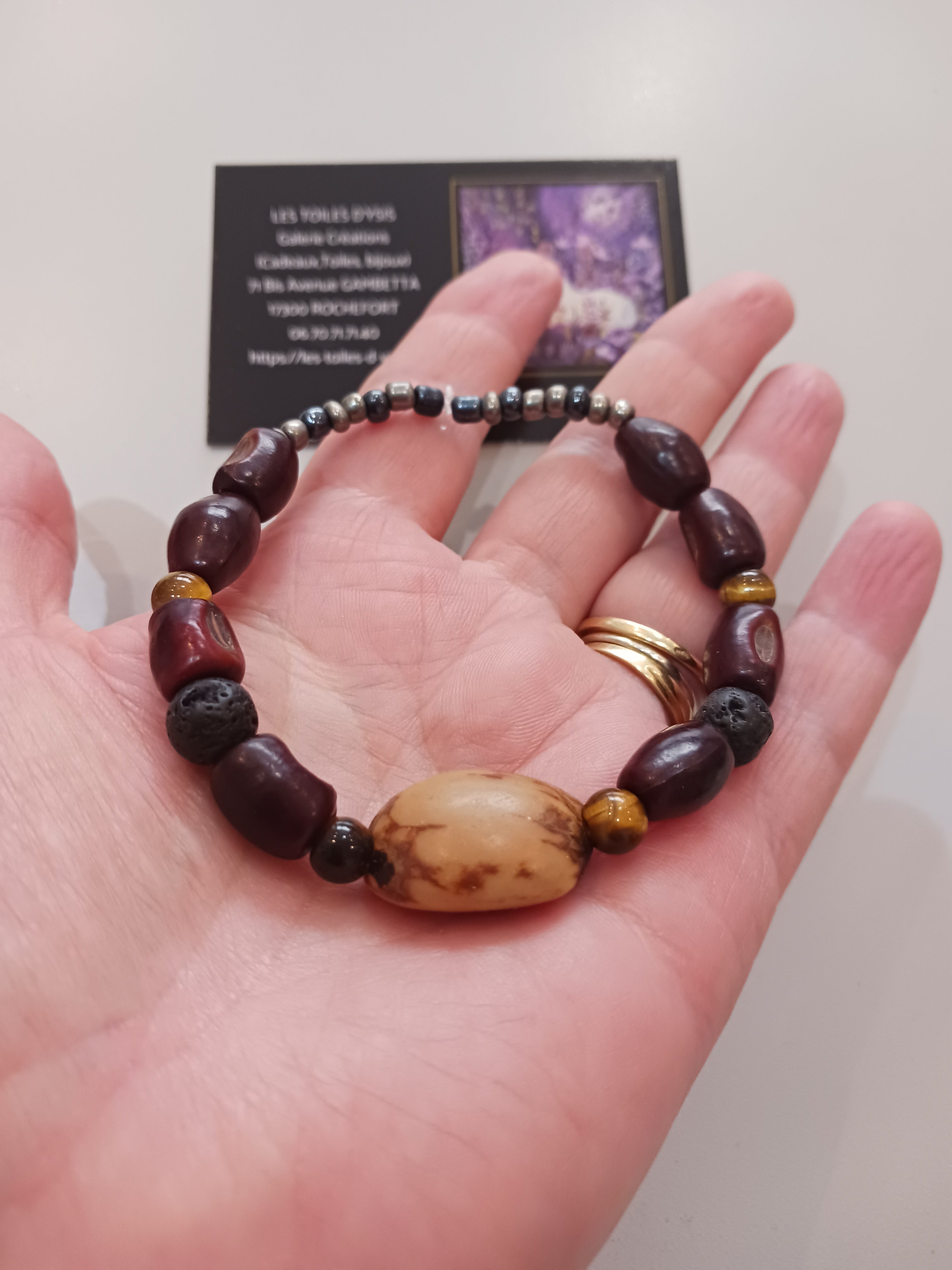 Bracelet graine, oeil de tigre, pierre de lave