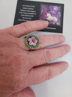Bague verte fleur rose