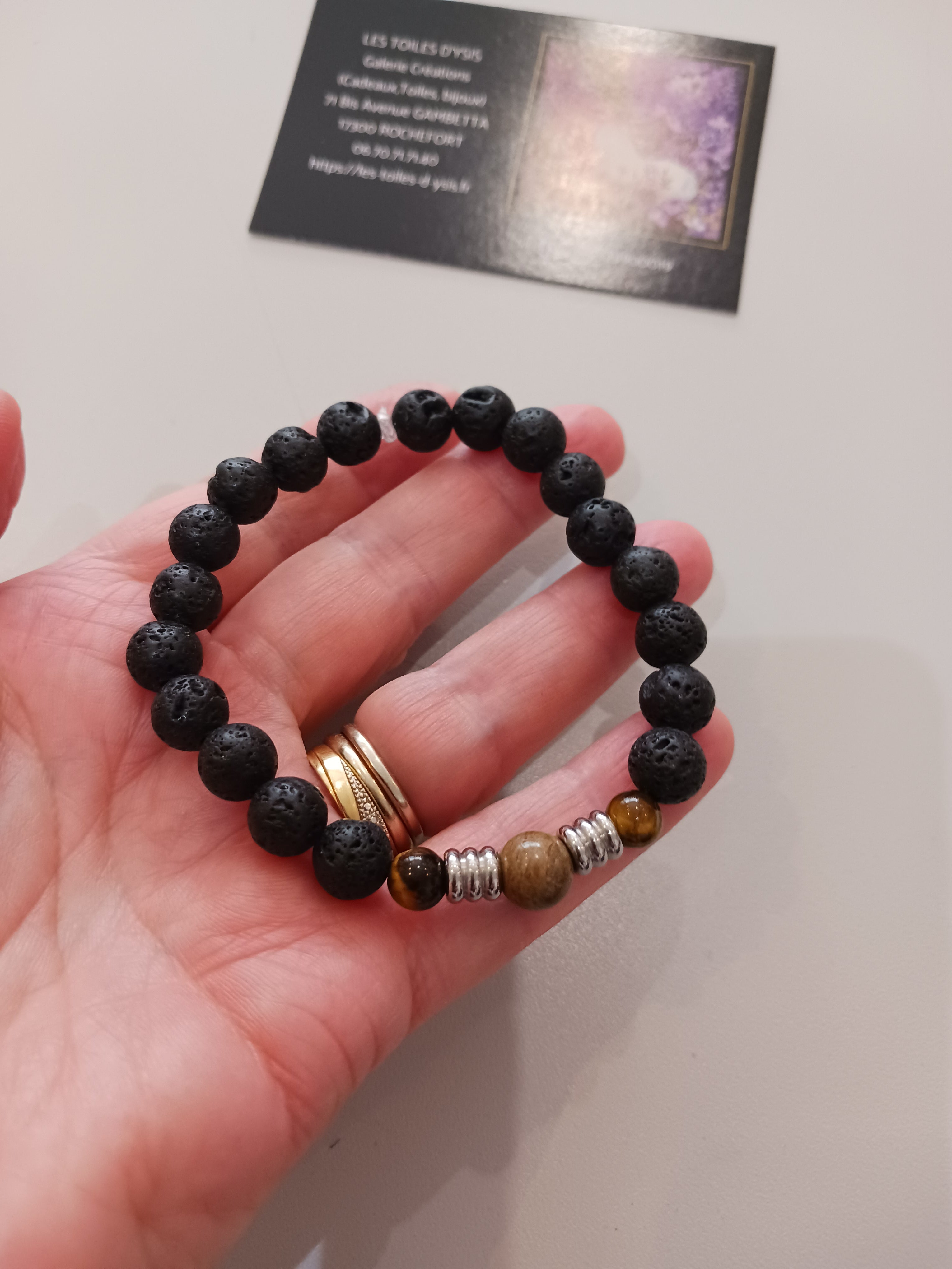 Bracelet homme oeil de tigre et jaspe feuille d'argent
