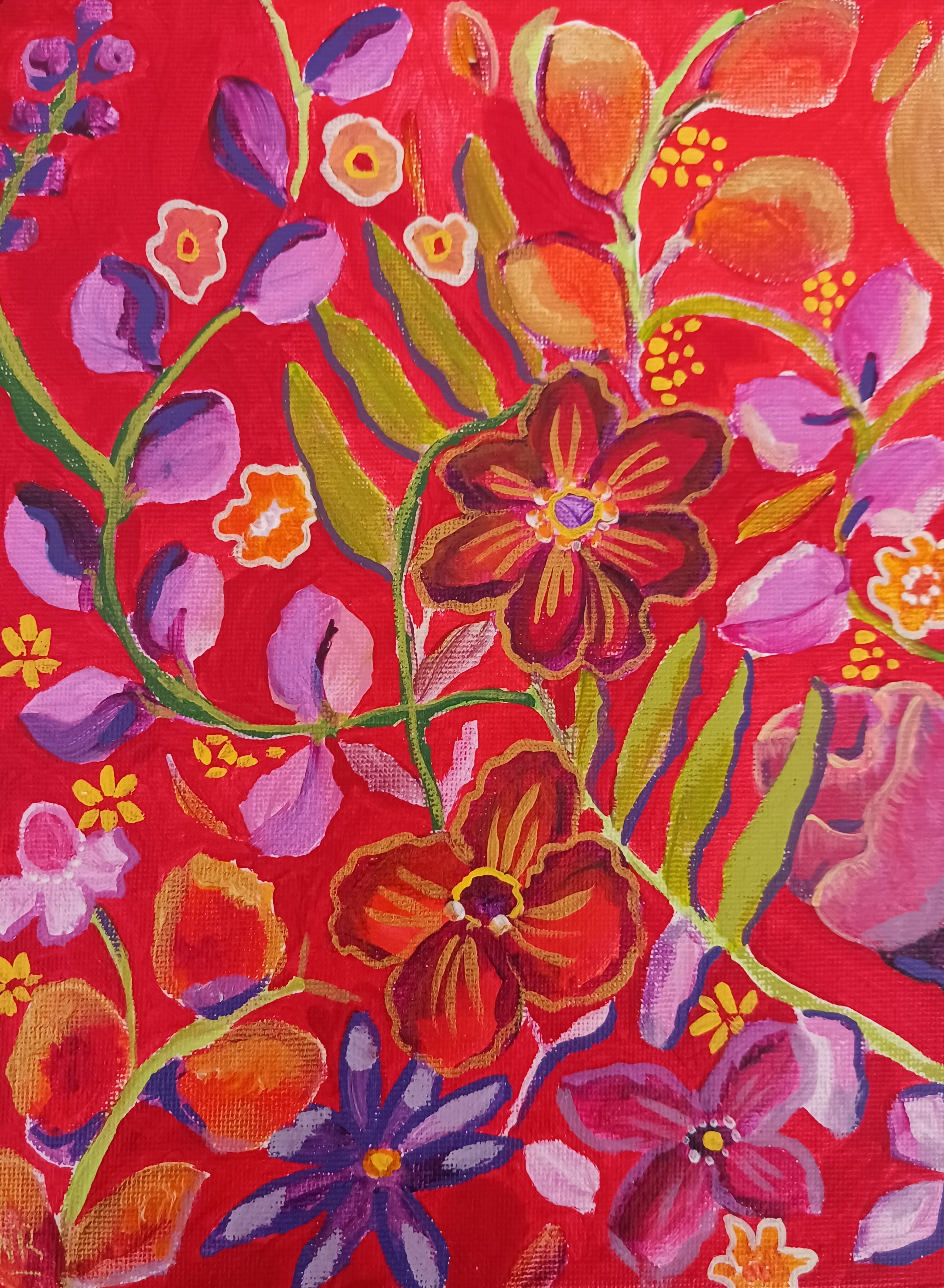 Carton toilé "rouge et fleurs"