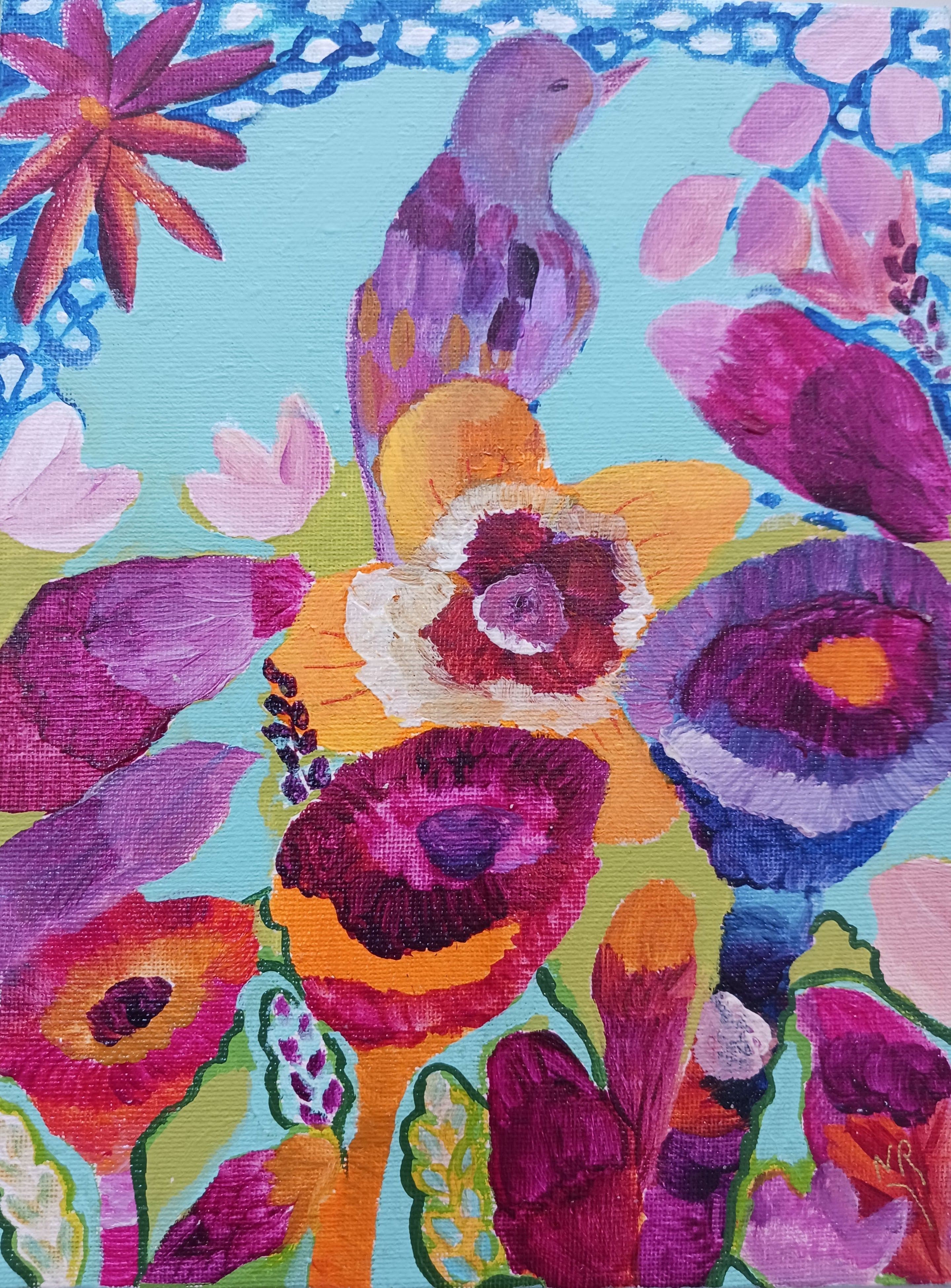 Carton toilé petit oiseau et fleurs