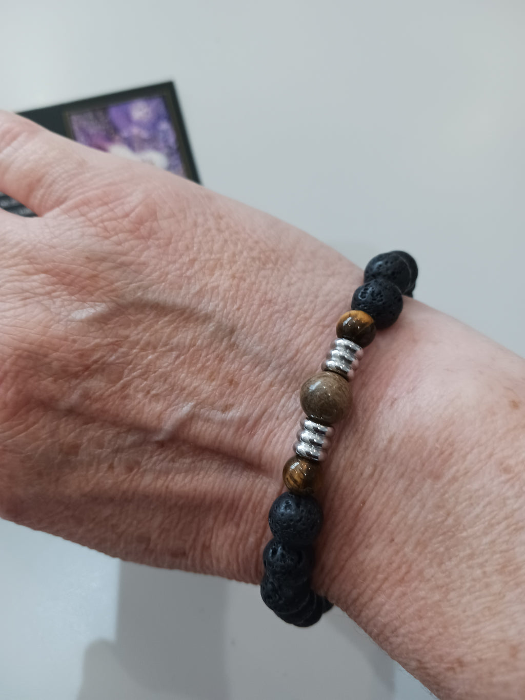 Bracelet homme oeil de tigre et jaspe feuille d'argent