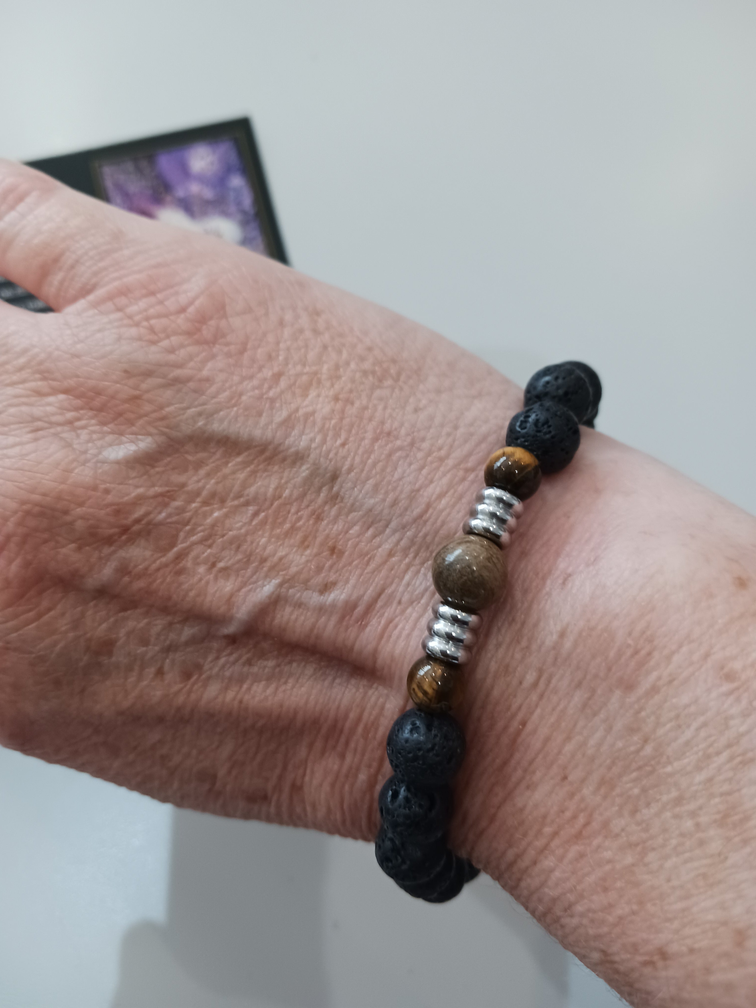Bracelet homme oeil de tigre et jaspe feuille d'argent