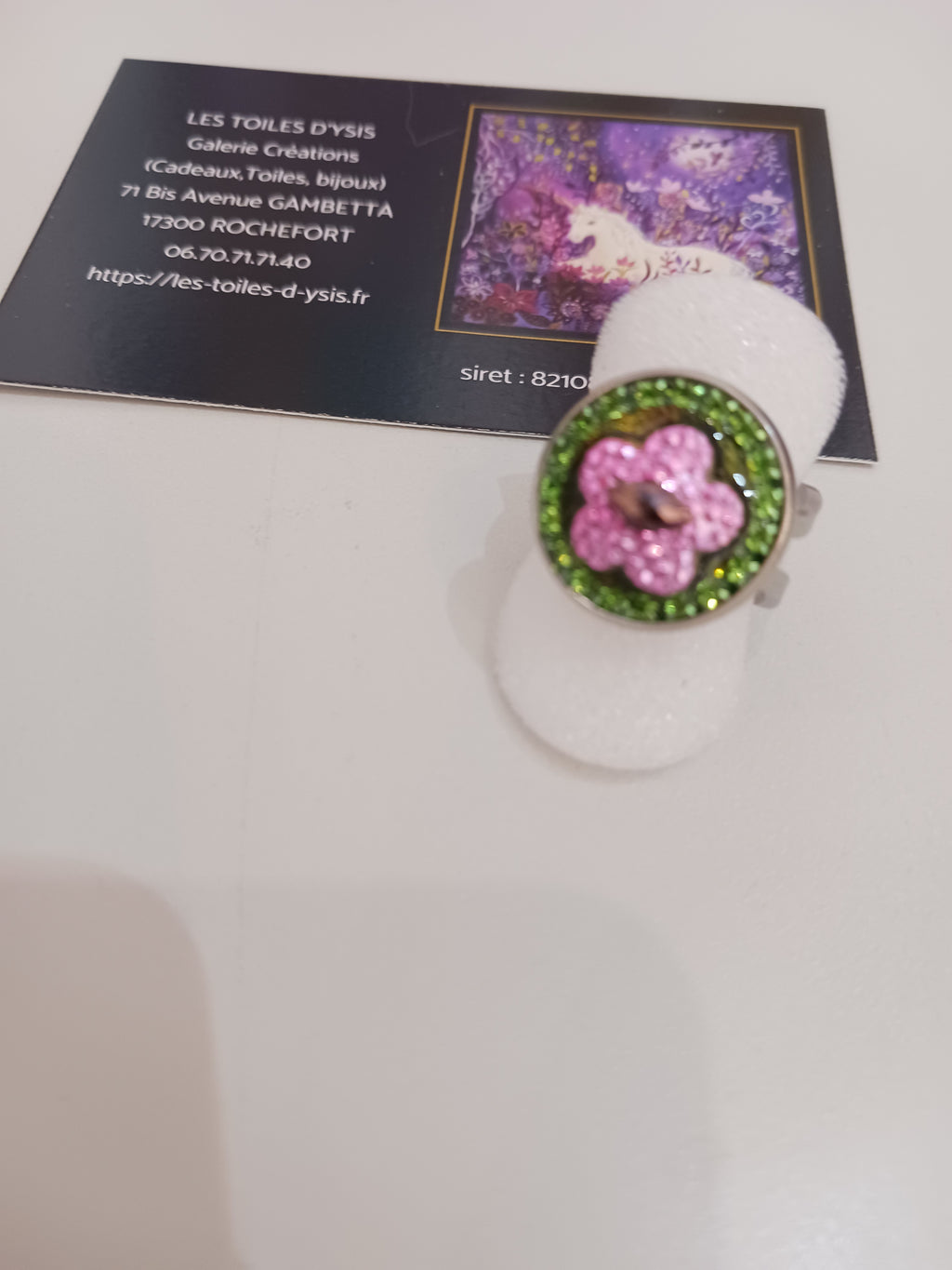 Bague verte fleur rose