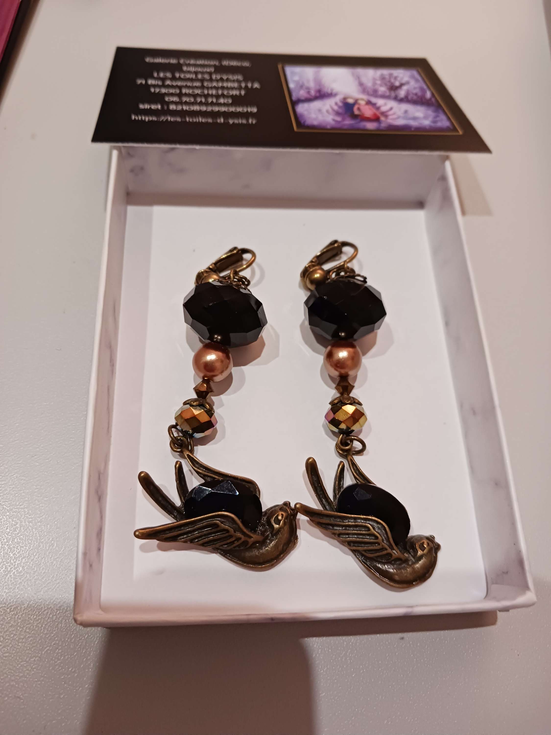 boucles cristal noir et oiseaux