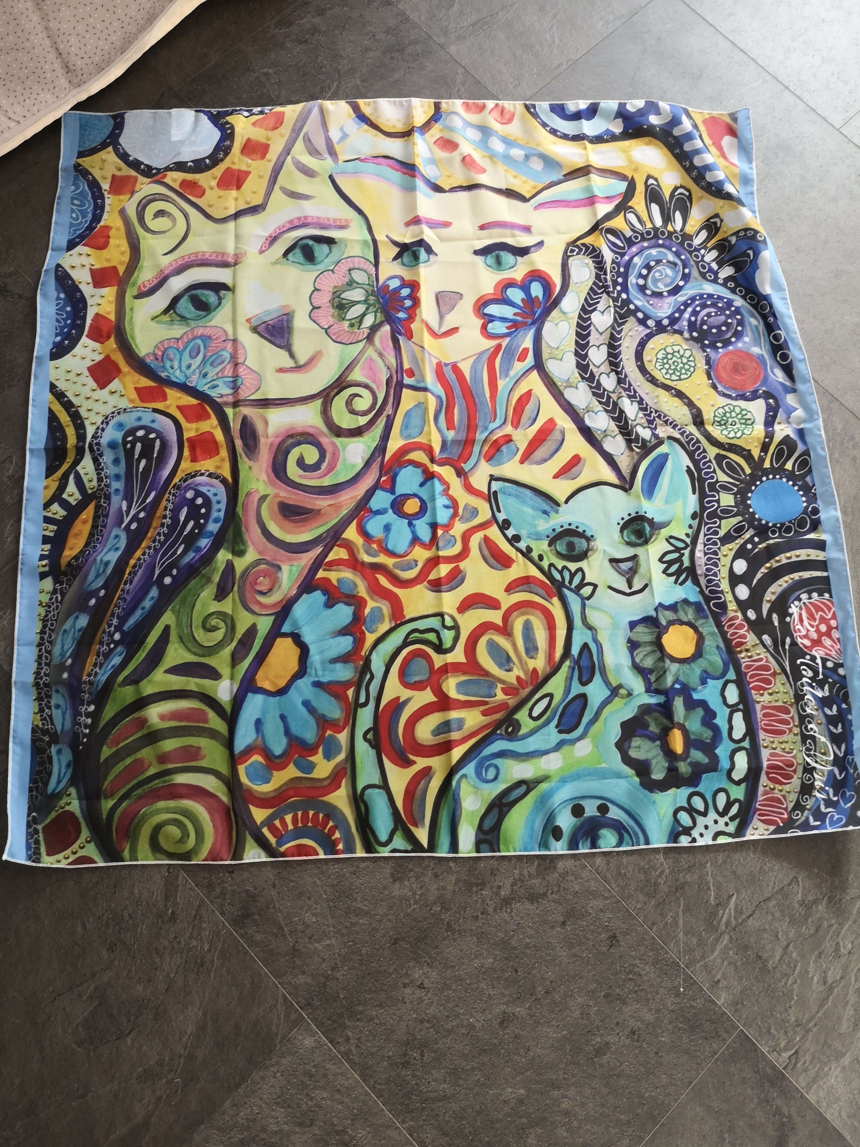 Foulard chats bleu jaune vert