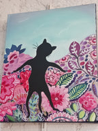 tableau chat noir et fleurs