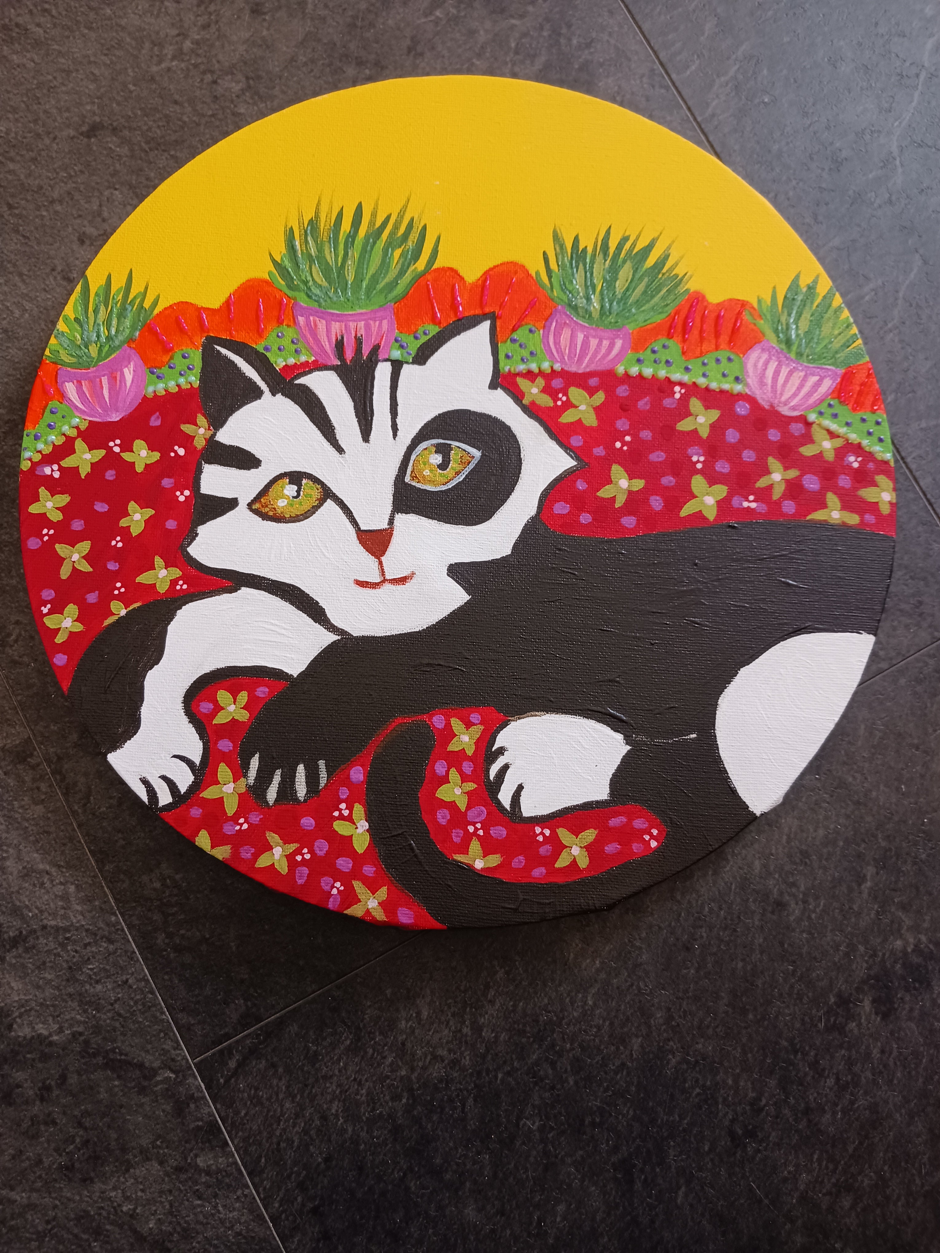 chat toile noir blanc rouge jaune vert