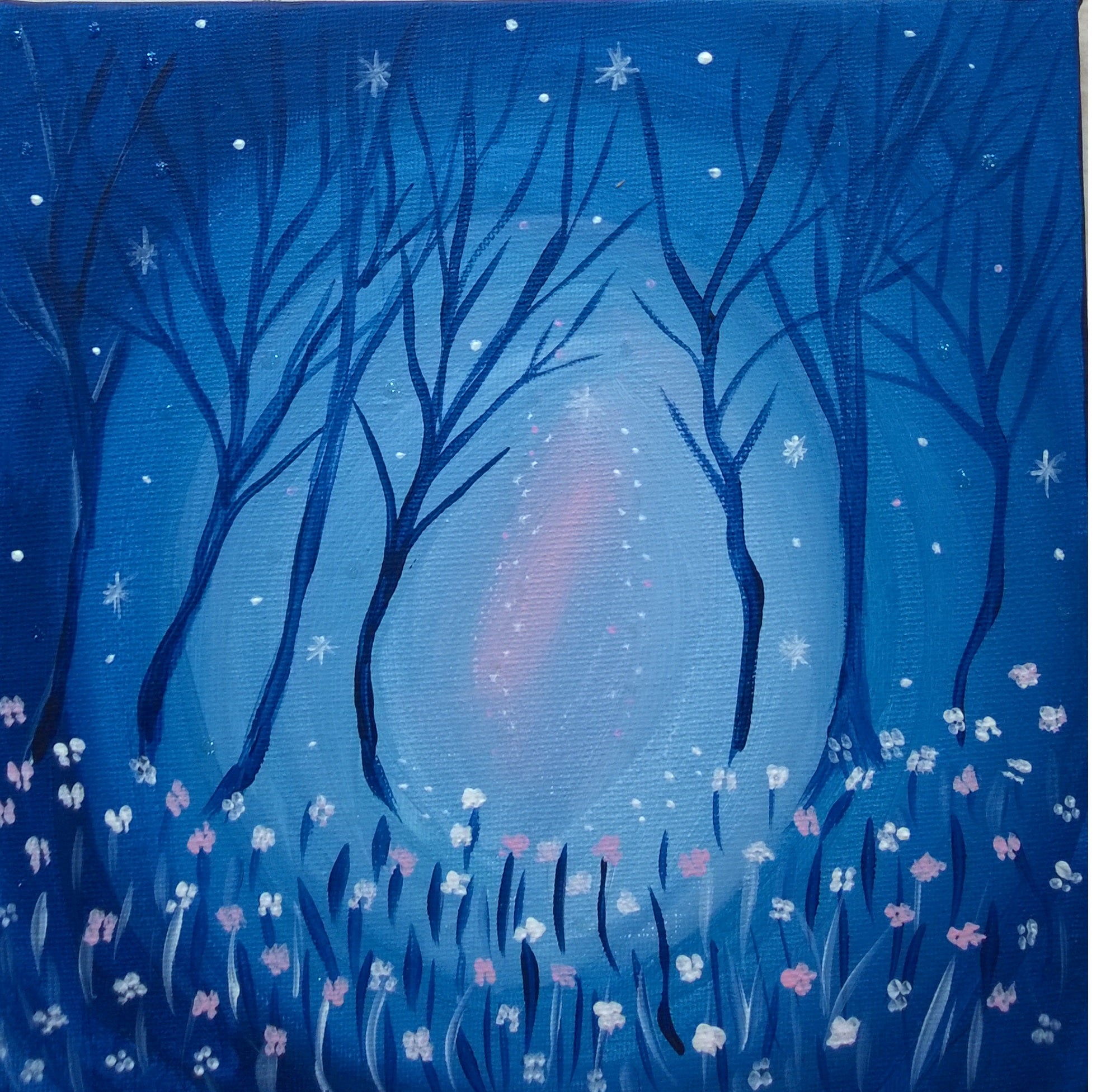 tableau paysage bleu et fleurs