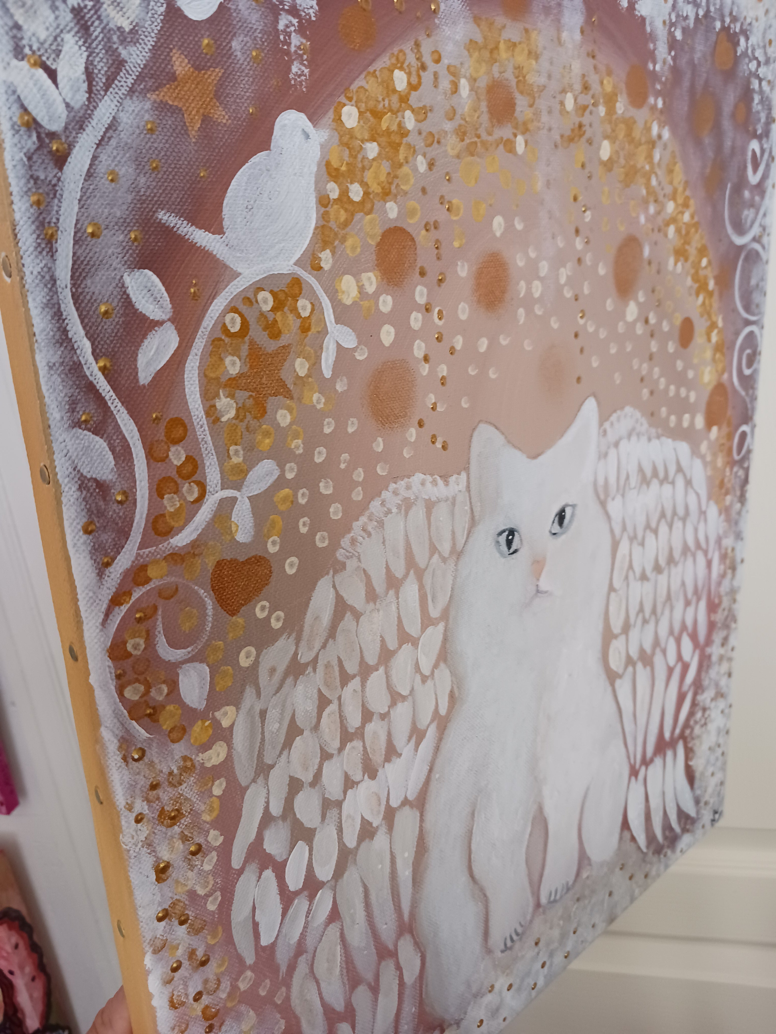 toile blanche, marron, or avec chat