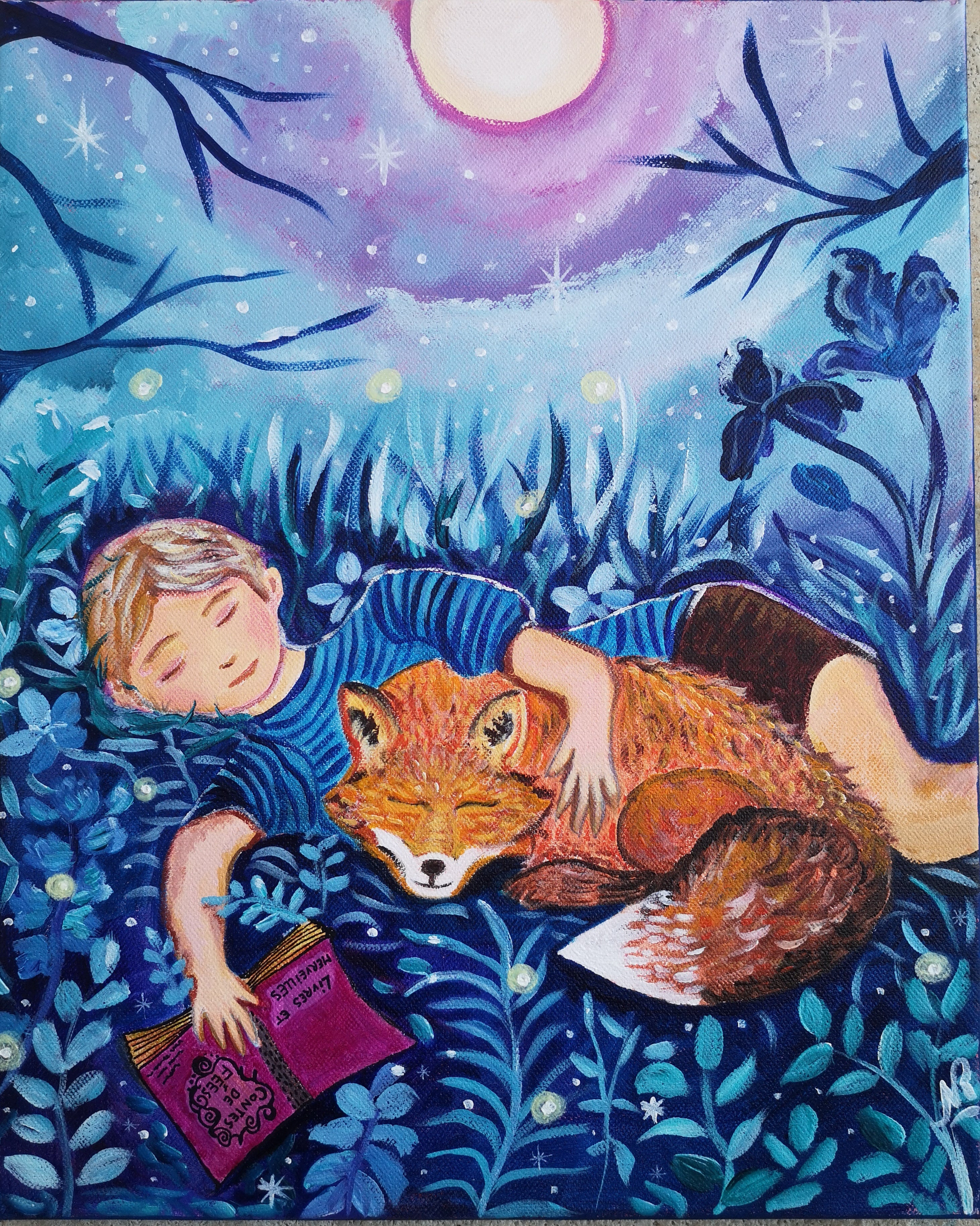 tableau bleu et orange renard et enfant