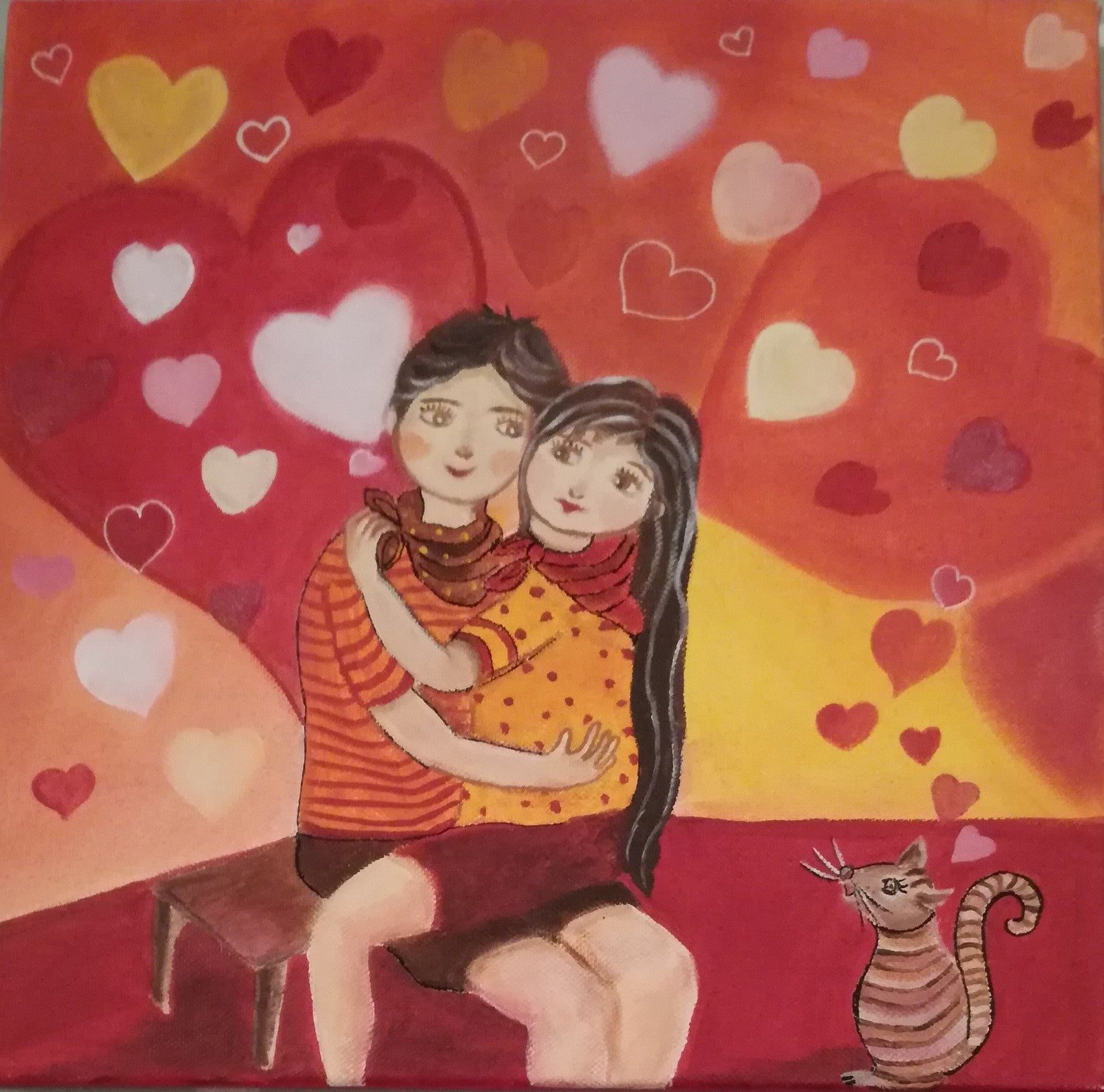 tableau rouge cœurs jaune  